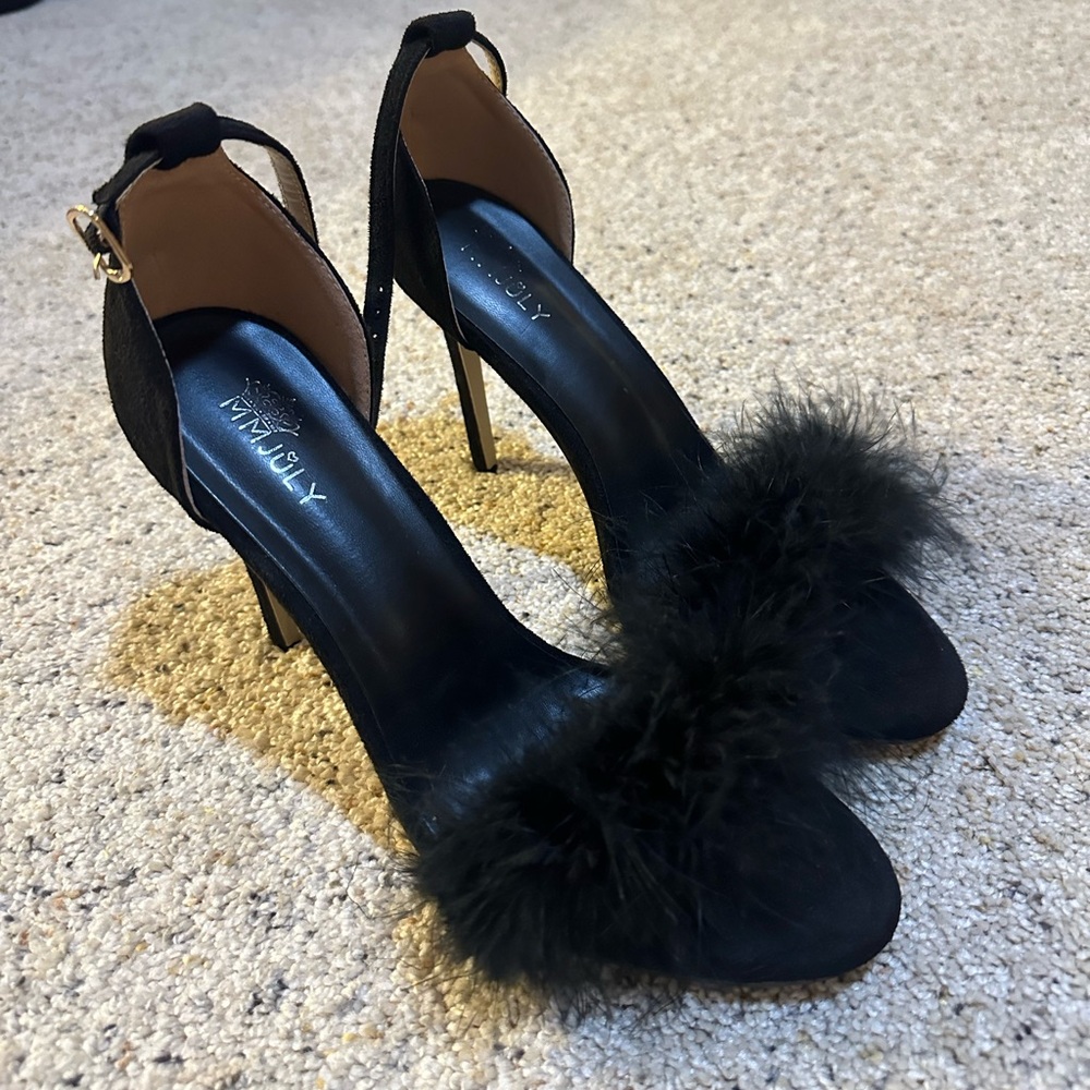 Black Fur-Trimmed Women's Stiletto Heels
